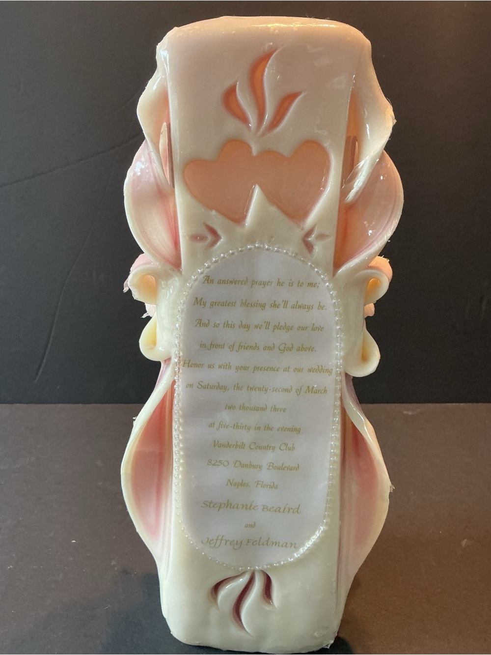 Source Unknown Pink and Cream Carved Wedding Candle with Heart Motif